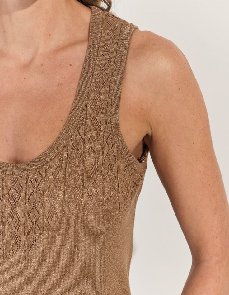 TAHIR - Pull sans manches marron tricot lurex fantaisie -4