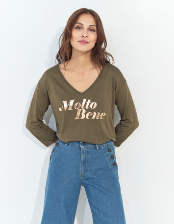 MEZZO - T-shirt kaki message métallisé-1
