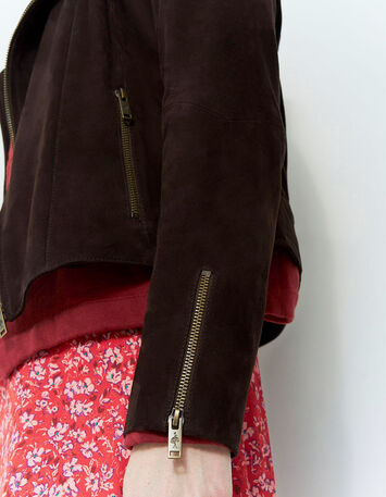 DEAN - Blouson marron en cuir velours esprit motard-4