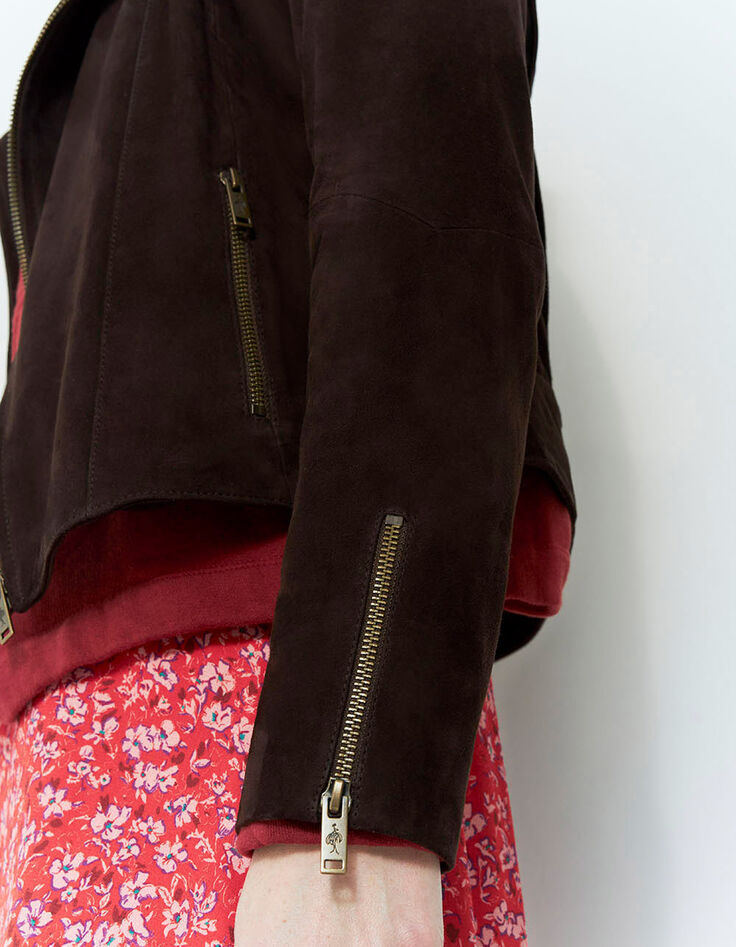 DEAN - Blouson marron en cuir velours esprit motard-4