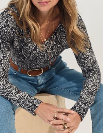 TOKAY - Pull noir tricot motif n&eacute;o cachemire -6