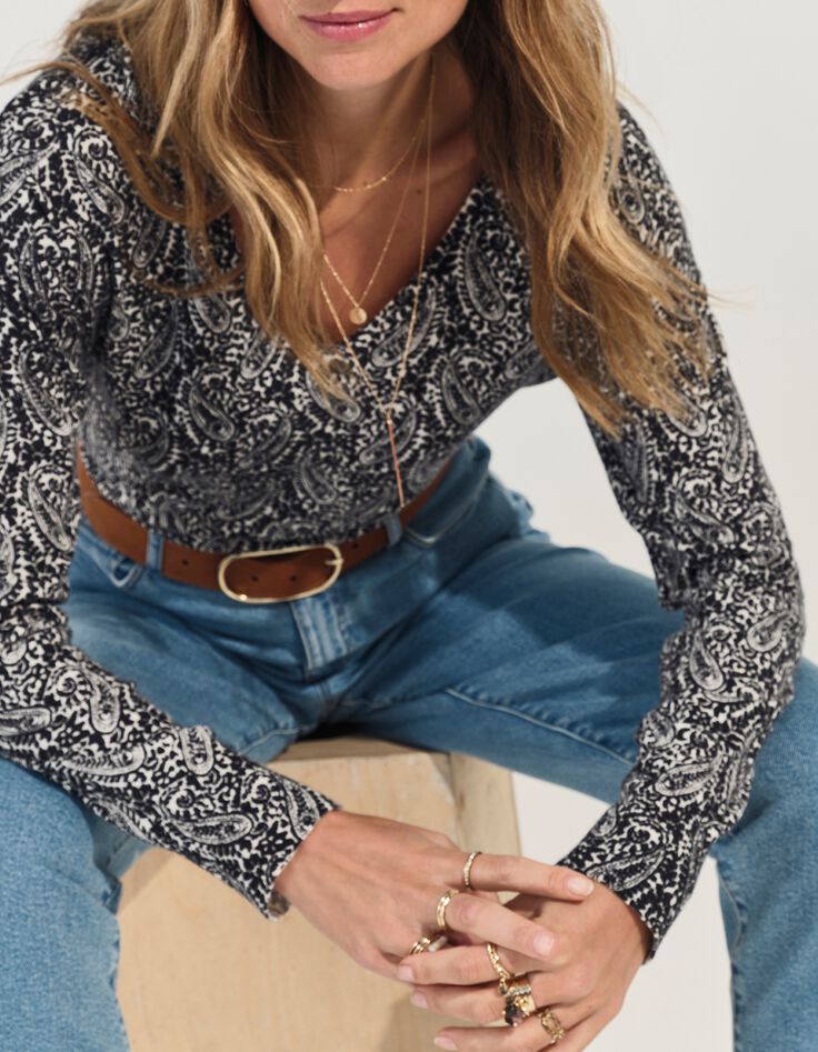 TOKAY - Pull noir tricot motif n&eacute;o cachemire -6