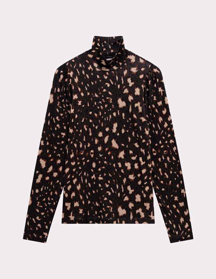 MADLY - T-shirt kaki col roulé imprimé tachiste animalier-1 MADLY - T-shirt kaki col roulé imprimé tachiste animalier-1