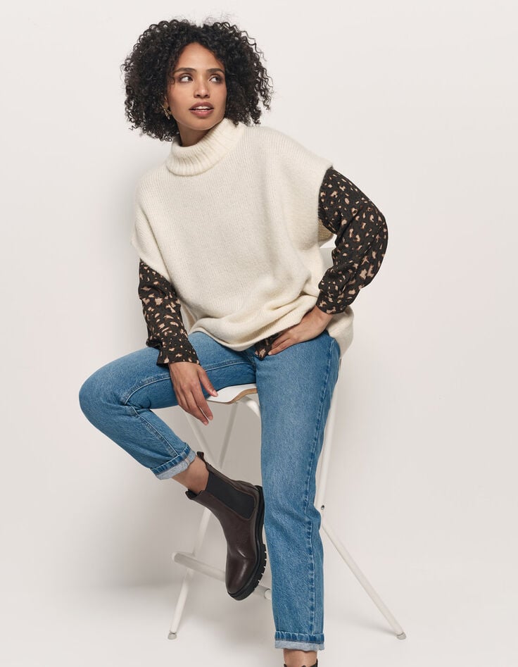 ANDRAS - Poncho écru tricot col montant-1 ANDRAS - Poncho écru tricot col montant-1