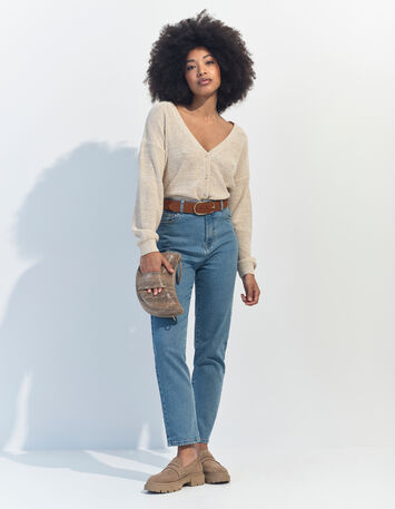 TINA - Cardigan beige tricot lurex encolure V -6