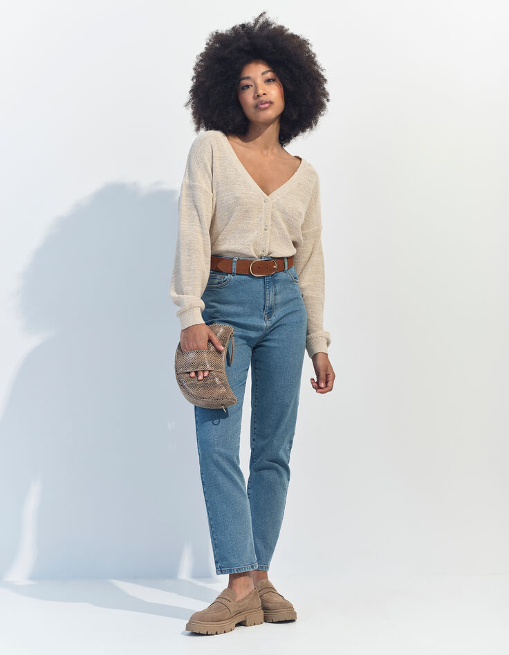 TINA - Cardigan beige tricot lurex encolure V -6