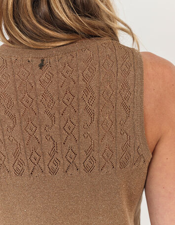 TAHIR - Pull sans manches marron tricot lurex fantaisie -8