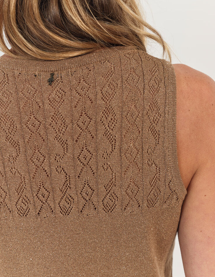 TAHIR - Pull sans manches marron tricot lurex fantaisie -8