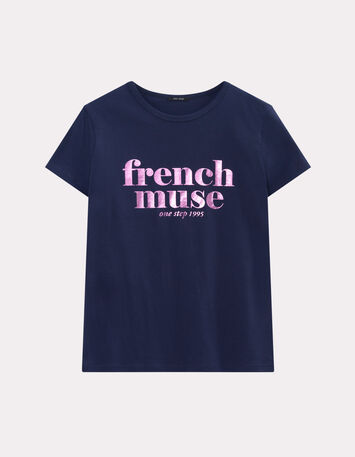 MANIA - T-shirt bleu marine coton bio message rose-5