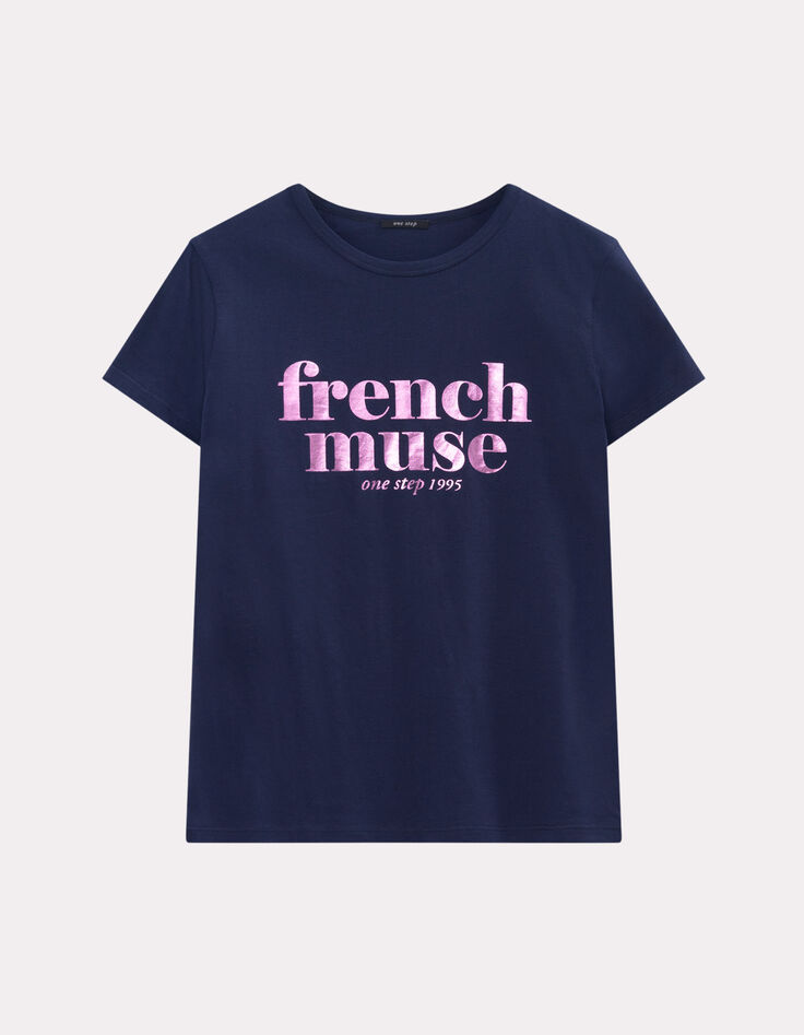 MANIA - T-shirt bleu marine coton bio message rose-5