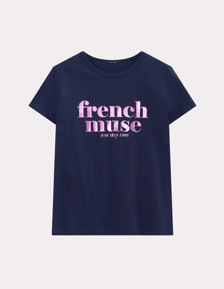 MANIA - T-shirt bleu marine coton bio message rose-5 MANIA - T-shirt bleu marine coton bio message rose-5