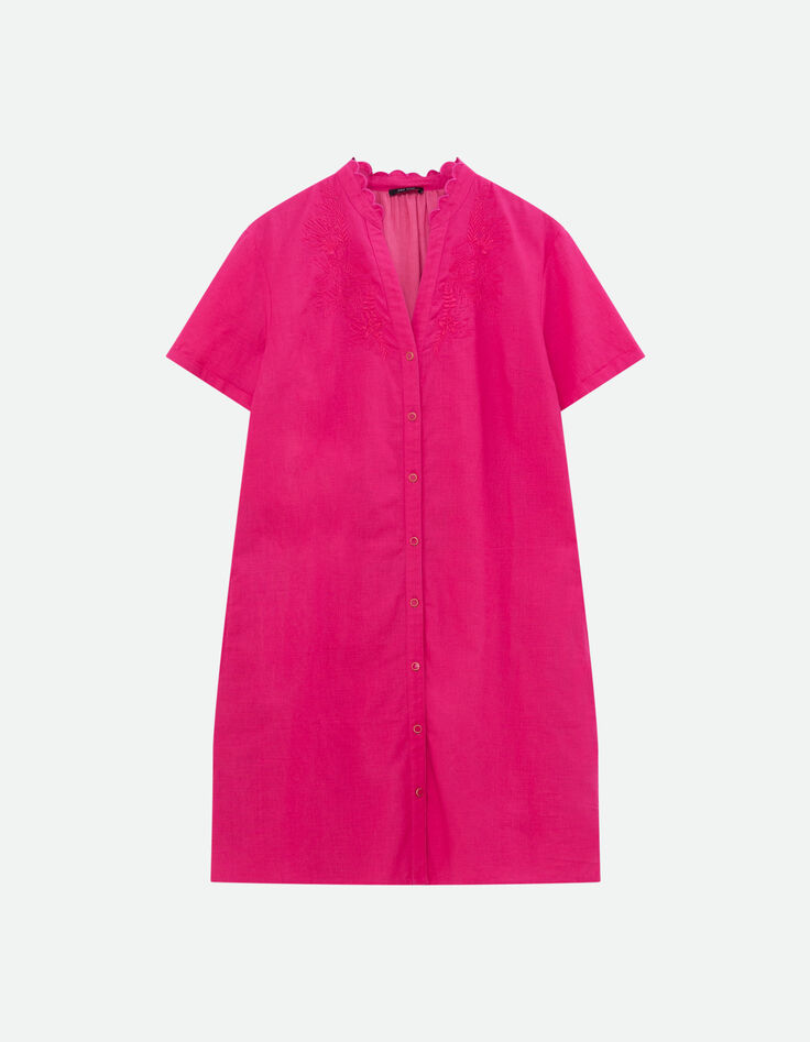 ROSALIA - Robe chemise rose broderies placées ton sur ton-4