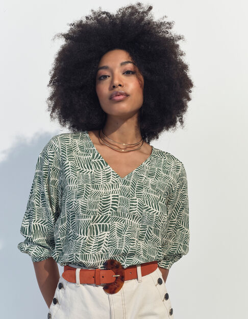 CASSIA - Blouse verte imprimé tropical chic  - One Step