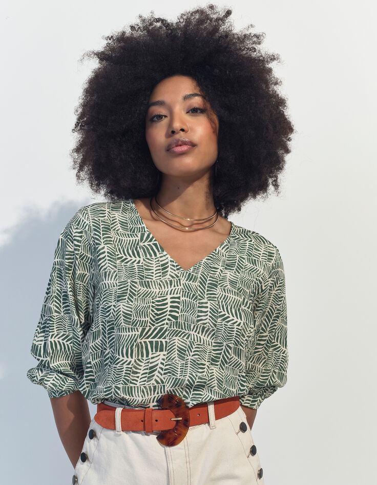 CASSIA - Blouse verte imprimé tropical chic -1