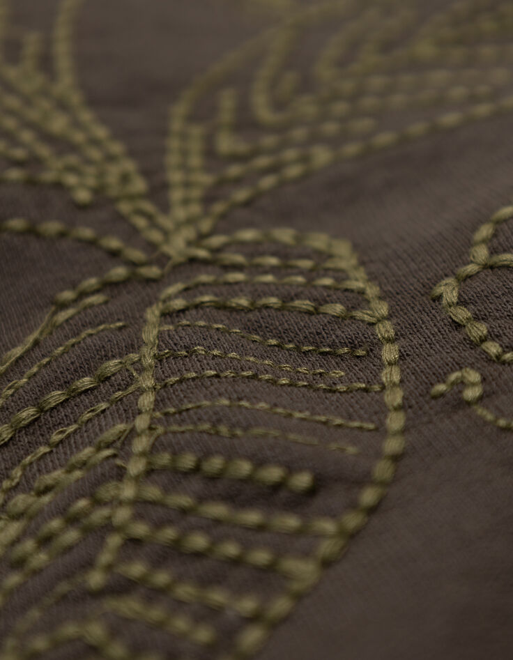 MEZZIA - Sweat kaki encolure V broderies fleurs-7