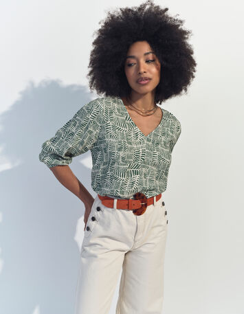 CASSIA - Blouse verte imprimé tropical chic -2
