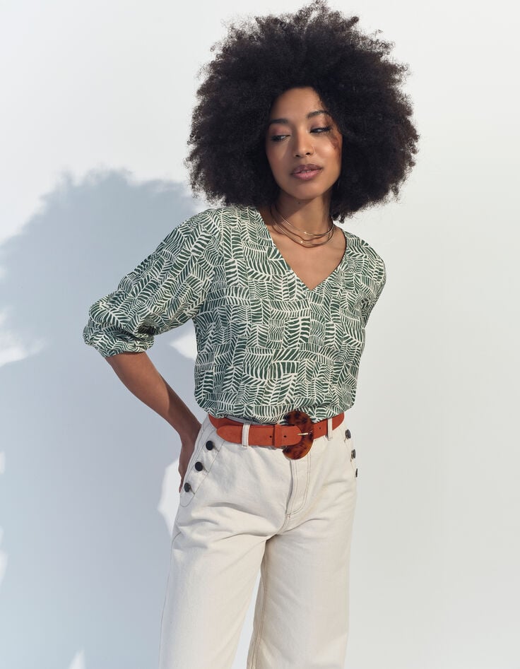 CASSIA - Blouse verte imprimé tropical chic -2