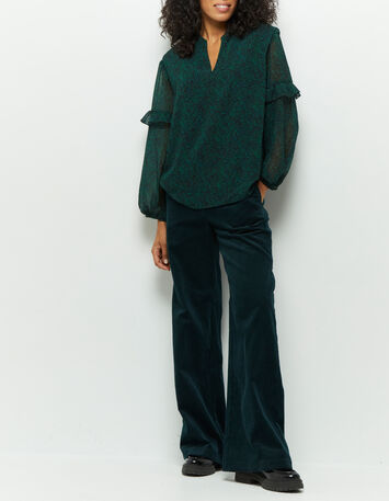 COMMANCHE - Blouse noire à imprimé pointilliste vert-5 COMMANCHE - Blouse noire à imprimé pointilliste vert-5