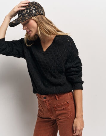 TACEY - Pull noir tricot ajouré réversible devant/dos-8