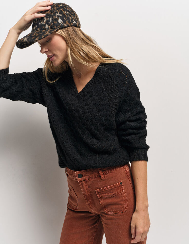 TACEY - Pull noir tricot ajouré réversible devant/dos-8