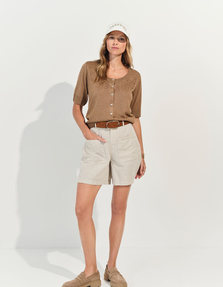 TERENOS - Cardigan manches courtes marron tricot lurex-6