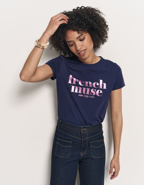 MANIA - T-shirt bleu marine coton bio message rose - One Step