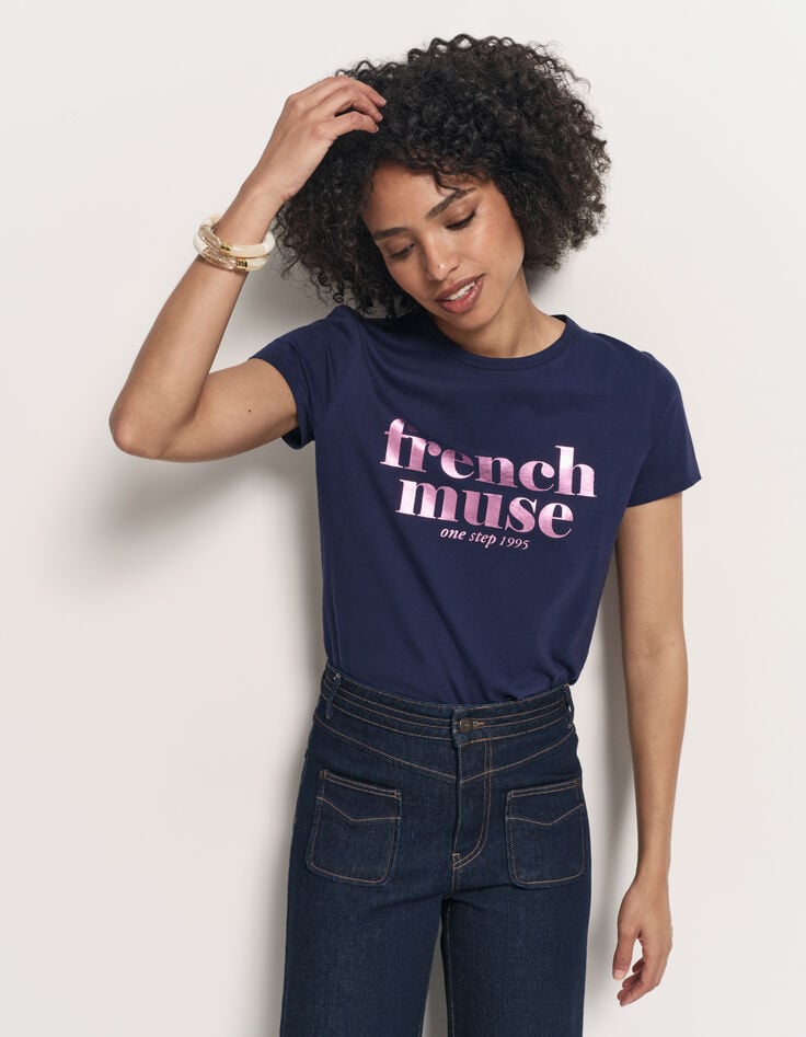 MANIA - T-shirt bleu marine coton bio message rose-1 MANIA - T-shirt bleu marine coton bio message rose-1