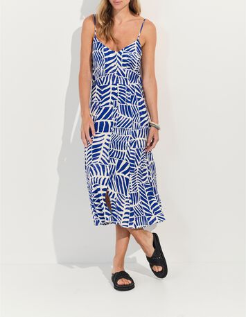 RODA - Robe midi bleue imprim&eacute; patchwork feuilles -6