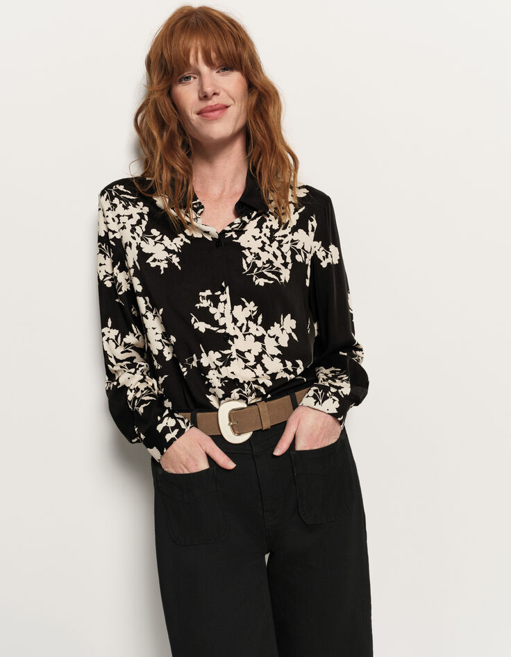 COMO - Chemise noire imprimé feuillage d'hiver-1 COMO - Chemise noire imprimé feuillage d'hiver-1