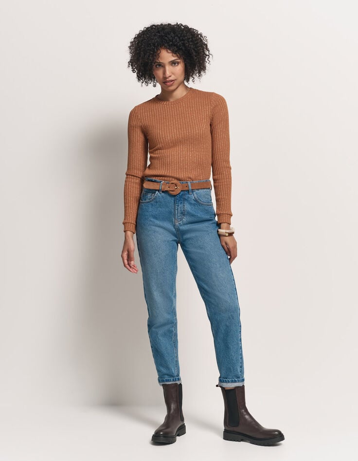 MALENE - T-shirt camel maille côtelée lurex-2
