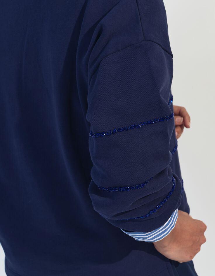 MOCOCA - Sweat bleu motif rayures perles brodées -4