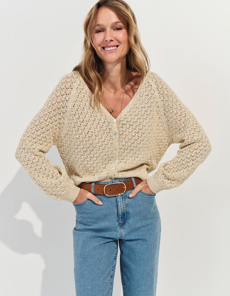 TOMAS - Cardigan beige doré tricot lurex fantaisie -1