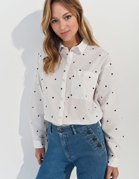 CELESTE - Chemise écrue broderies petits carrés violet  - One Step