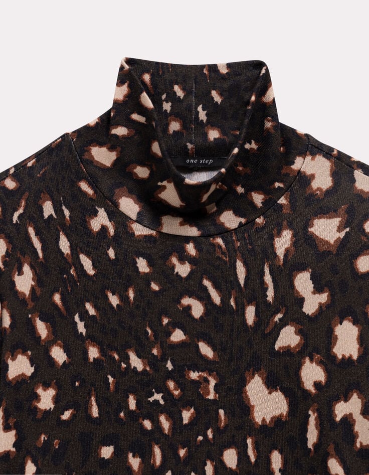 MADLY - T-shirt kaki col roulé imprimé tachiste animalier-2 MADLY - T-shirt kaki col roulé imprimé tachiste animalier-2