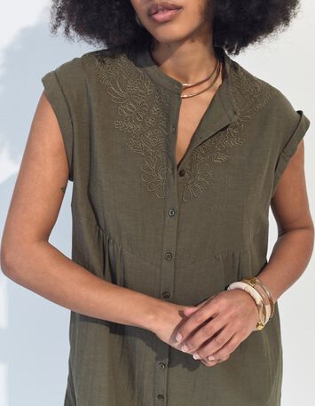RONDONIA - Robe kaki coton lin broderies plac&eacute;es -1
