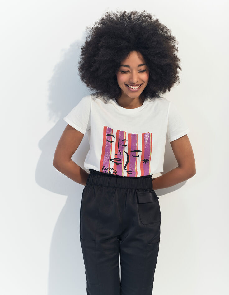MIKA - T-shirt écru coton bio visages sur fond rayé -1