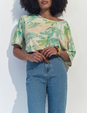 MANU - T-shirt jaune imprim&eacute; oasis aquarell&eacute; -1