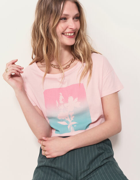 MAURO - T-shirt rose coton bio visuel arty floral - One Step