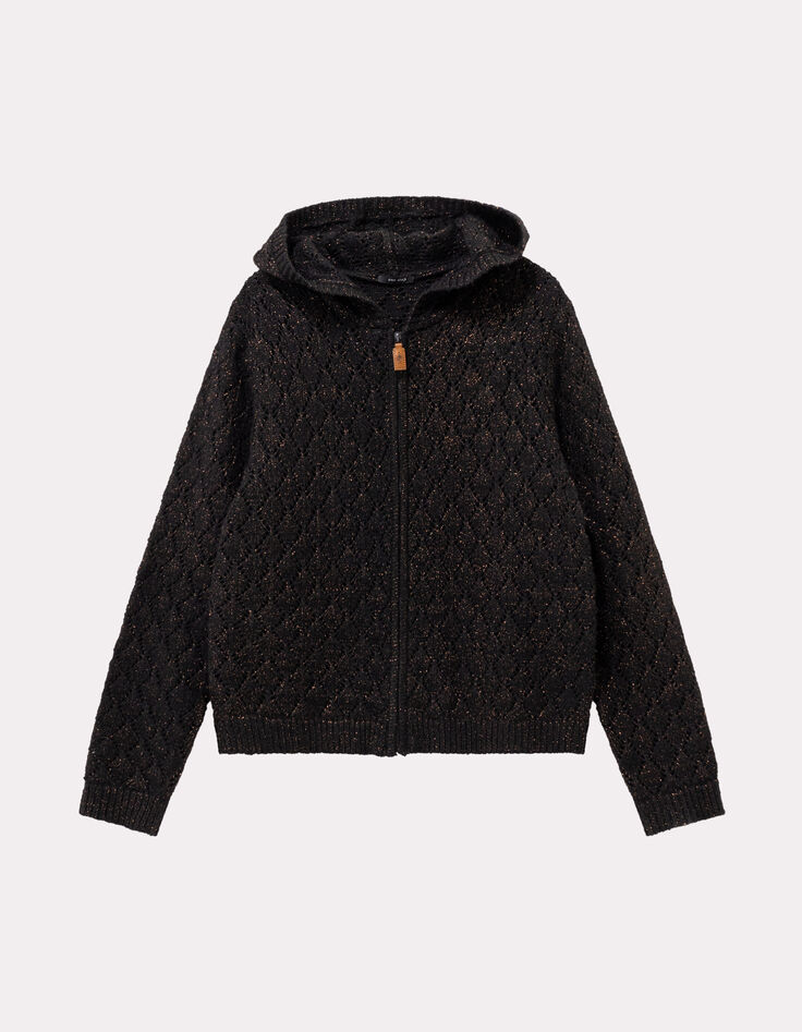 TIGER - Cardigan à capuche noir tricot ajouré lurex-1 TIGER - Cardigan à capuche noir tricot ajouré lurex-1