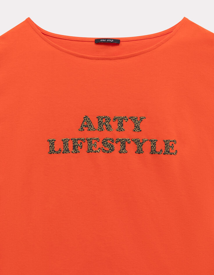 MAGICA - T-shirt orange coton bio message léopard-2