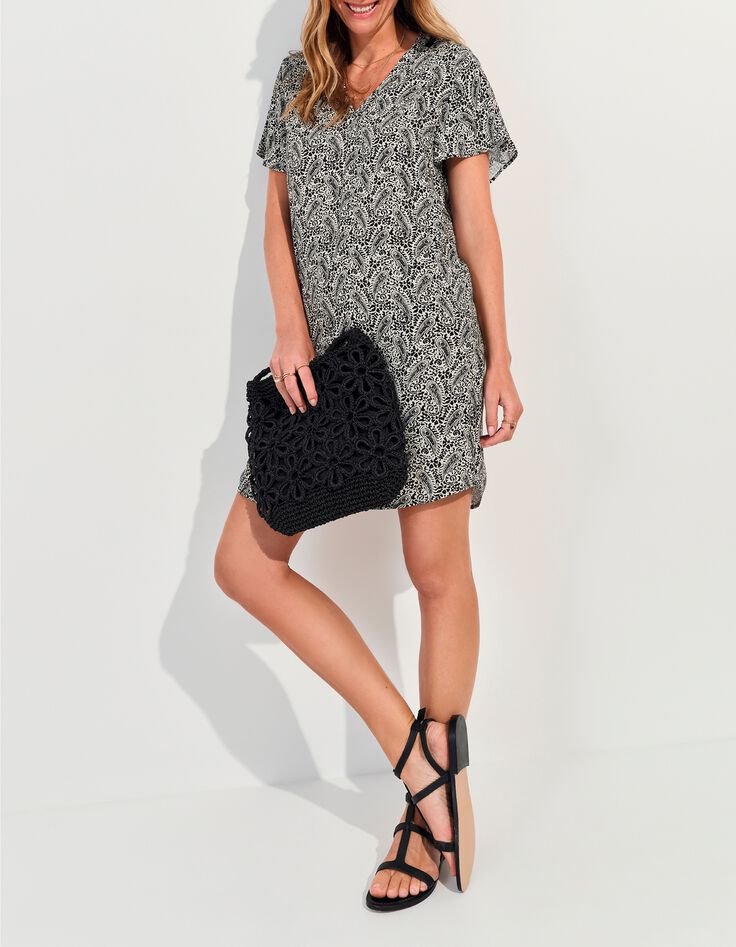 REKO - Robe noire Lenzing&trade; Ecovero&trade; imprim&eacute; n&eacute;o cachemire -1