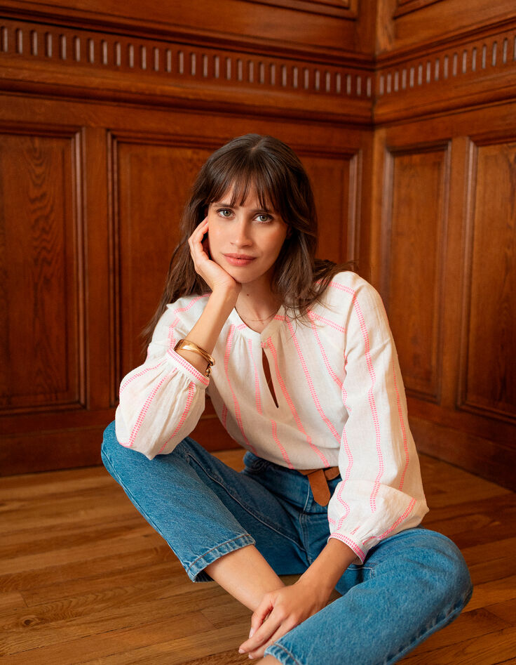 CEYLAN - Blouse blanche rayures fantaisie rose fluo-5