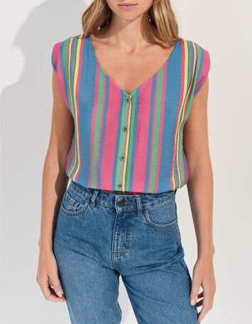 CANDI - Top jaune motif rayures multico -2