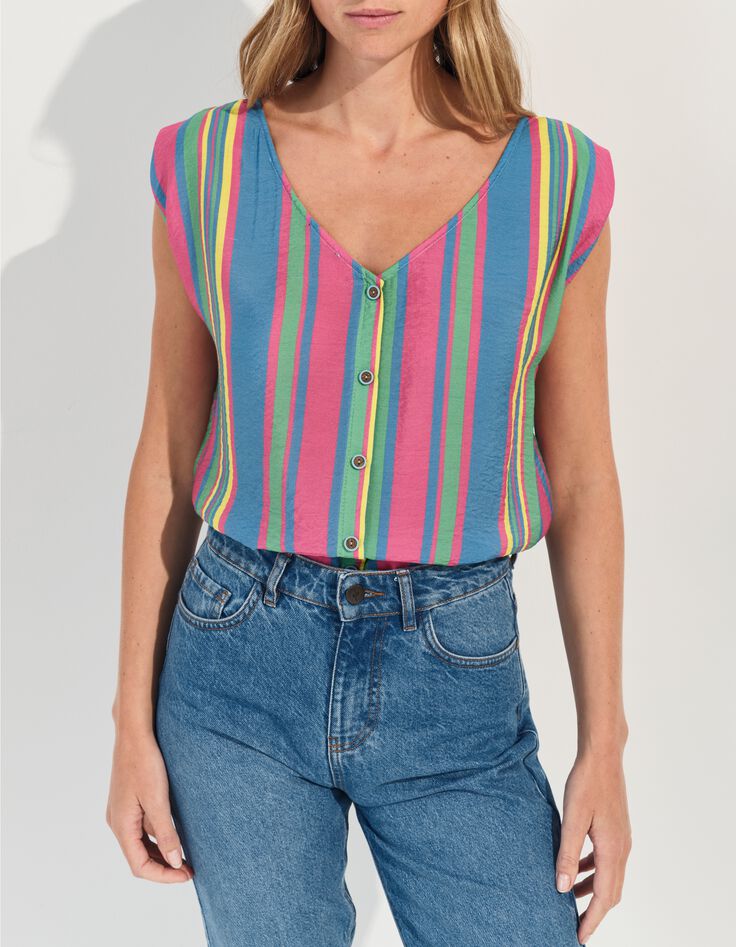 CANDI - Top jaune motif rayures multico -2