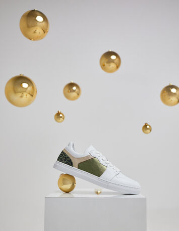 O.QUIMBO - Tennis basses blanc, kaki et doré cuir-6