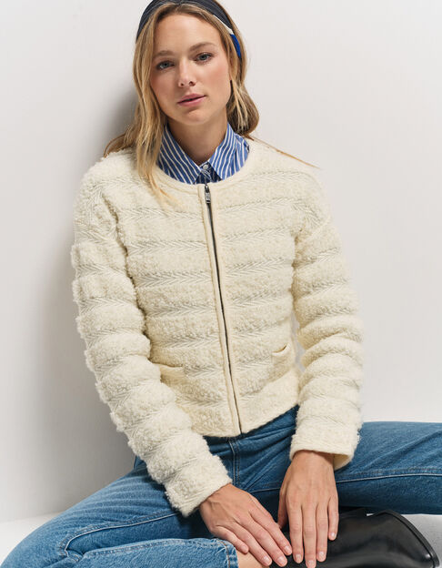 TALI - Cardigan écru tricot fantaisie rayures relief - One Step