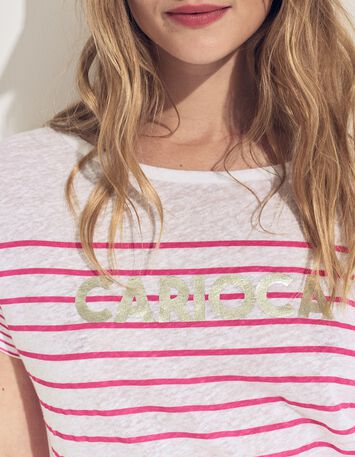 MOLLY- T-shirt blanc rayures rose et message-2