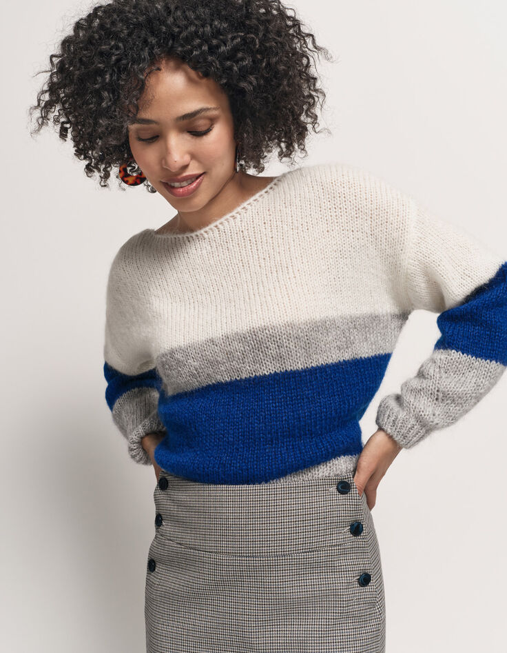 TIARA - Pull bleu tricot effet rayures color block-5 TIARA - Pull bleu tricot effet rayures color block-5
