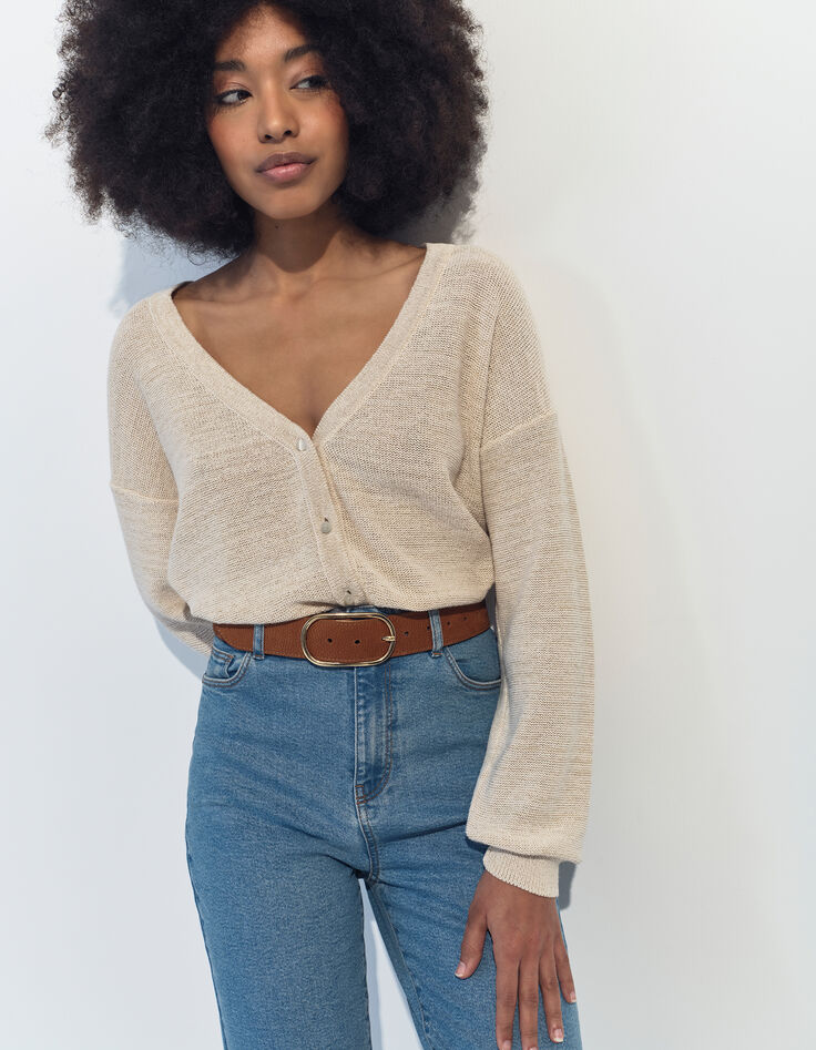 TINA - Cardigan beige tricot lurex encolure V -1