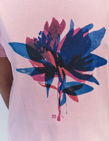 MAURO - T-shirt rose coton bio fleur arty -3